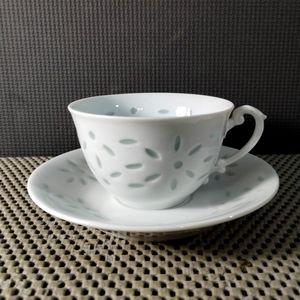 Vintage Chinese Blanc de Chine White Porcelain Rice Grain Teacup & Saucer